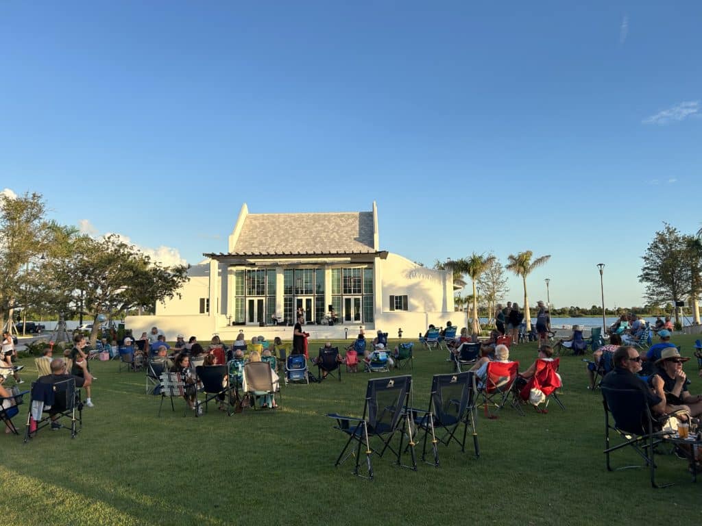 Lawn chairs set up around Solis Hall in Downtown Wellen